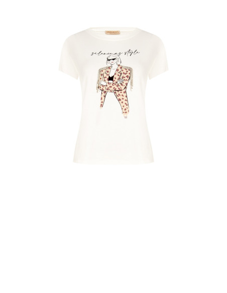 Regular T-shirt van katoen met modieuze print en strass-franjes Rinascimento