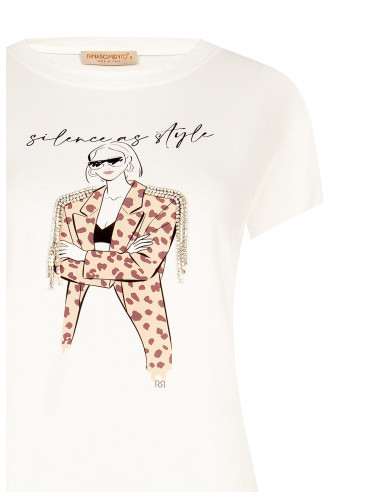 Regular T-shirt van katoen met modieuze print en strass-franjes Rinascimento