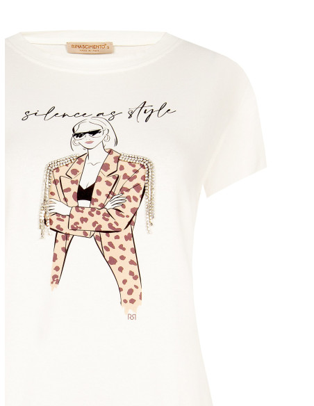 T-shirt regular en coton avec imprimé tendance et franges en strass Rinascimento