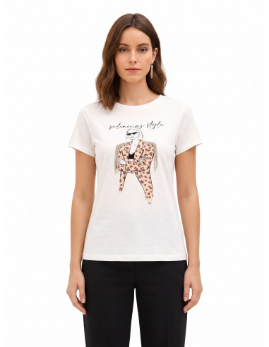 Regular T-shirt van katoen met modieuze print en strass-franjes Rinascimento