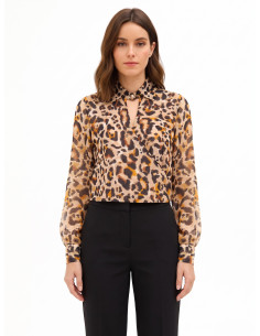Blouse met ballonmouwen van georgette met luipaardprint, lurexspikkels en een overlappende V-hals Rinascimento
