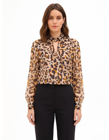Blouse met ballonmouwen van georgette met luipaardprint, lurexspikkels en een overlappende V-hals Rinascimento