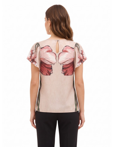 Blouse met grote bloemen en volantmouwen Rinascimento