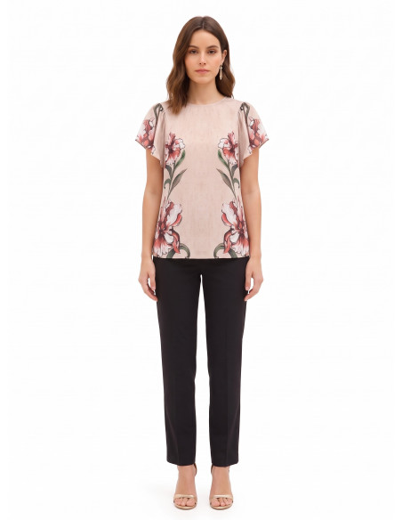 Blouse met grote bloemen en volantmouwen Rinascimento
