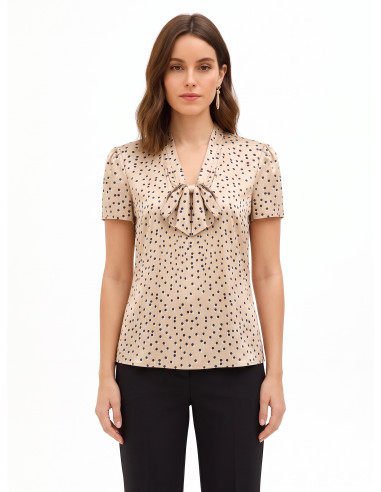 Blouse en satin à pois doubles avec col en V et nœud Rinascimento