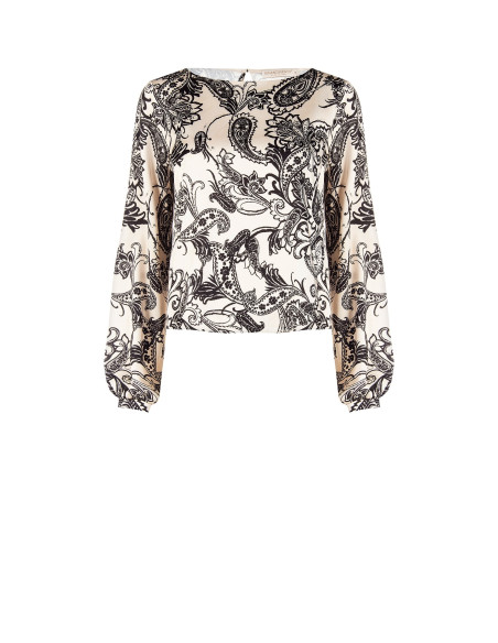 Wijde satijnen blouse met barokmotief Rinascimento
