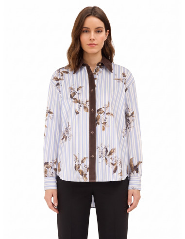 Oversized katoenen blouse met strepen, bloemenprint en fluwelen details Rinascimento