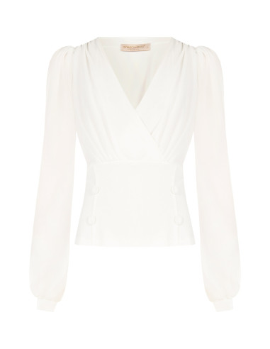 Getailleerde blouse van scuba-crêpe met een gekruiste V-hals en bijpassende knopen Rinascimento