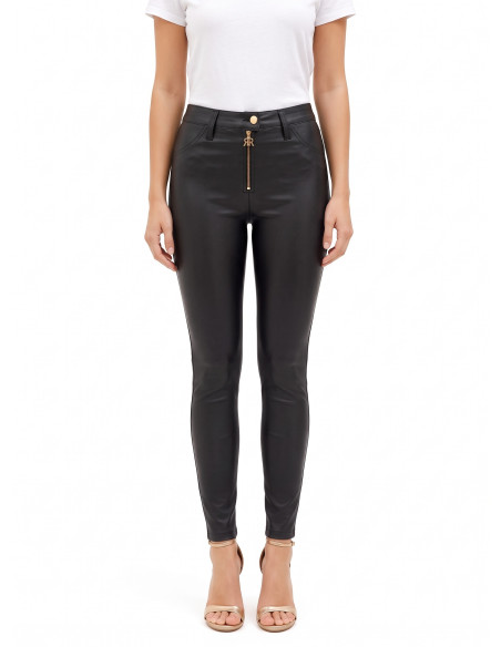 Pantalon skinny en similicuir avec fermeture éclair et logo RR Rinascimento