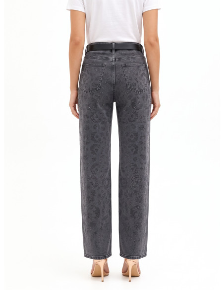 Jean straight délavé avec motif léopard en strass sur le devant Rinascimento