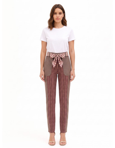 Pantalon droit style patchwork en viscose mélangée avec foulard logotypé à la taille Rinascimento