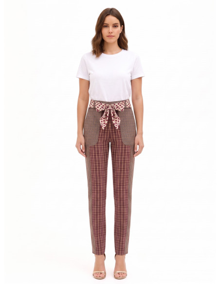 Pantalon droit style patchwork en viscose mélangée avec foulard logotypé à la taille Rinascimento