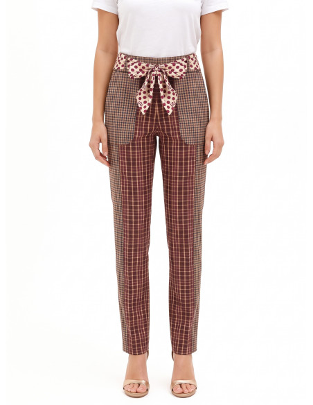 Pantalon droit style patchwork en viscose mélangée avec foulard logotypé à la taille Rinascimento