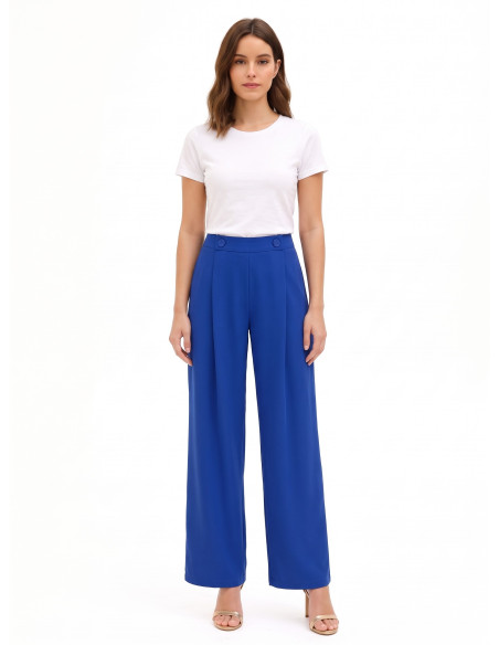 Pantalon palazzo en tissu cady avec plis et boutons ton sur ton Rinascimento