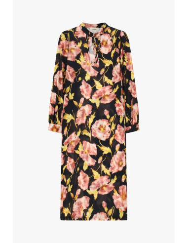 Robe Midi À Imprimé Floral, Manches 3/4, Col En V Dixie