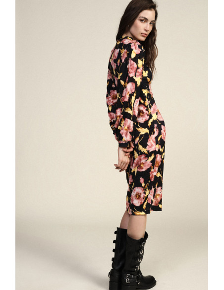 Robe Midi À Imprimé Floral, Manches 3/4, Col En V Dixie