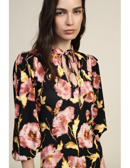 Robe Midi À Imprimé Floral, Manches 3/4, Col En V Dixie