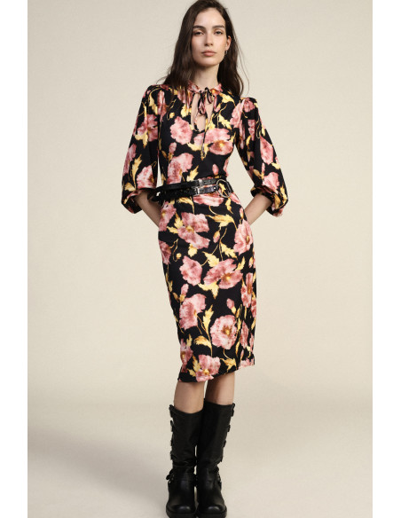 Robe Midi À Imprimé Floral, Manches 3/4, Col En V Dixie