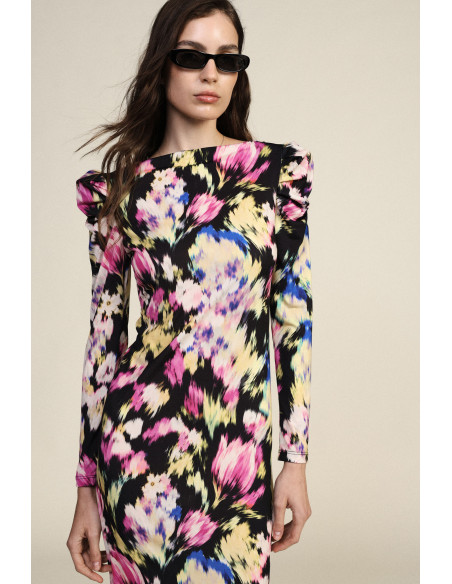 Midi-jurk met bloemenprint en gerimpelde schouders Dixie