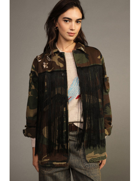 Blouse met camouflageprint, franjes en spelden Dixie