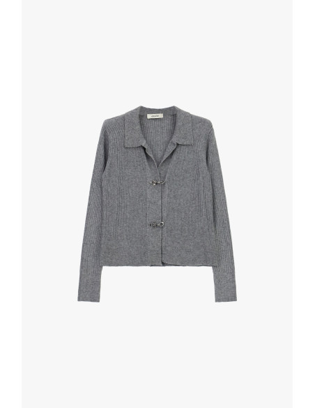 Cardigan côtelé à col et crochets métalliques Dixie - Gris