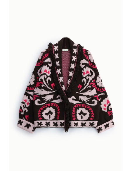 Cardigan fantaisie jacquard à franges et à manches longues Dixie - Bordeaux