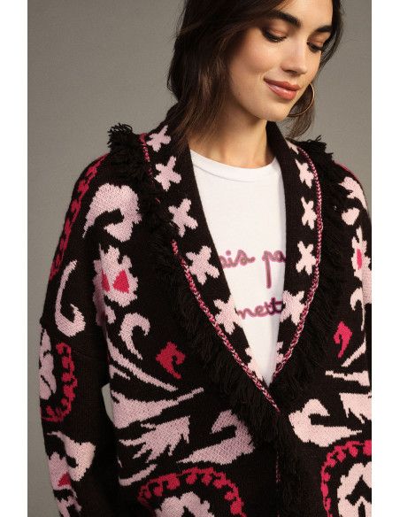 Cardigan fantaisie jacquard à franges et à manches longues Dixie - Bordeaux