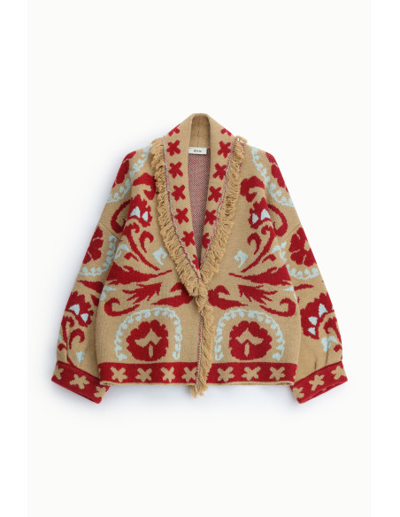 Fantasiavest van jacquard met franjes en lange mouwen Dixie - Beige camel