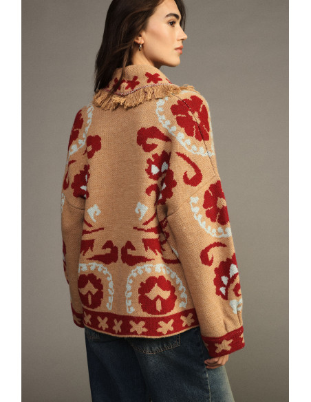 Fantasiavest van jacquard met franjes en lange mouwen Dixie - Beige camel