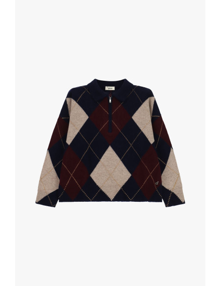 Jacquard pullovertrui met ruitpatroon, rits en kraag Dixie - Blauw