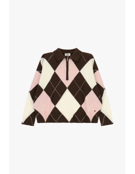 Jacquard pullovertrui met ruitmotief, rits en kraag Dixie - Bruin