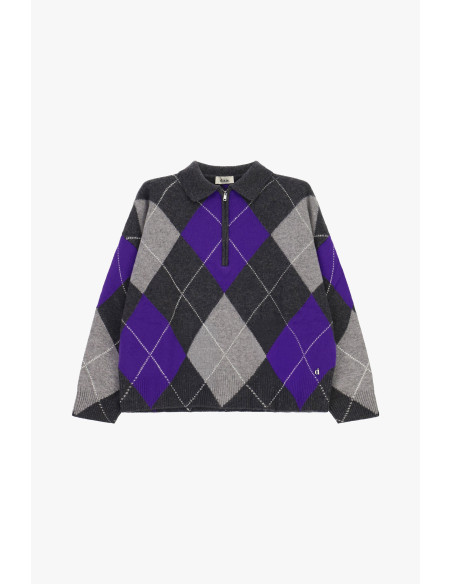 Pull jacquard à losanges avec fermeture éclair et col Dixie - Gris foncé