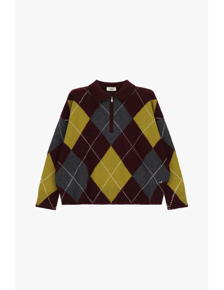 Pull-Over En Jacquard À Losanges Avec Fermeture Éclair Et Col Dixie - Lie-de-vin