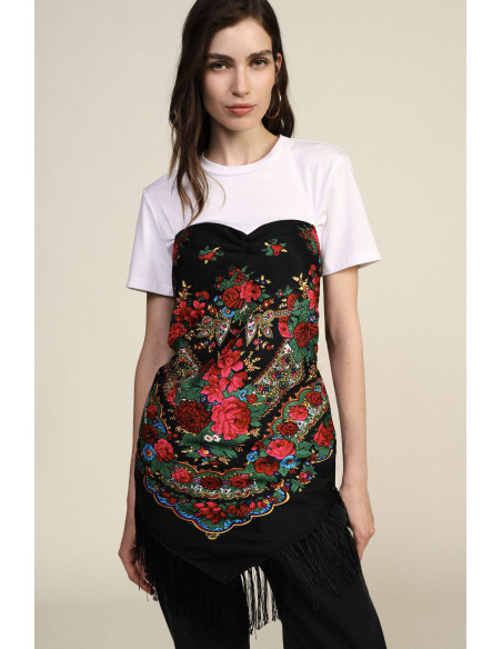 T-shirt met bloemenprint, franjes en hartvormige halslijn Dixie