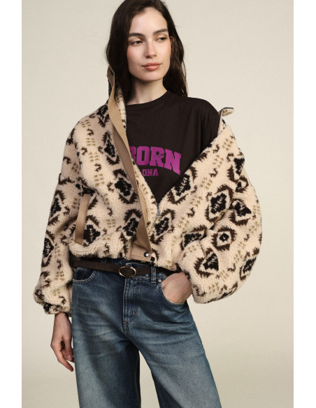 Veste en fausse fourrure imprimée à zip central Dixie - Beige