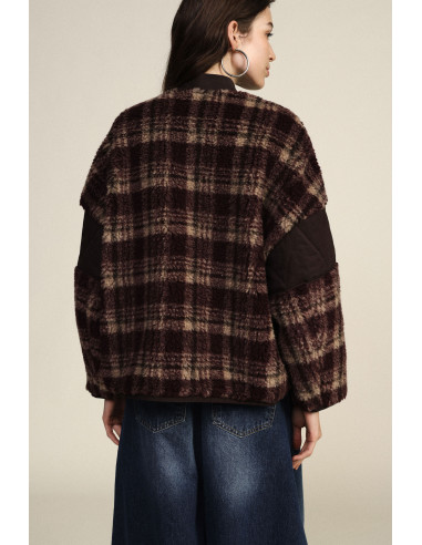 Veste Eco-Fourrure fantaisie à carreaux avec poches Dixie - Bordeaux