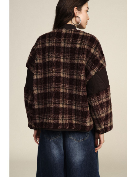 Veste Eco-Fourrure fantaisie à carreaux avec poches Dixie - Bordeaux