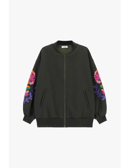 Blazer Bomber Ajusté À Manches Ornées De Broderies Florales Dixie - Vert militaire