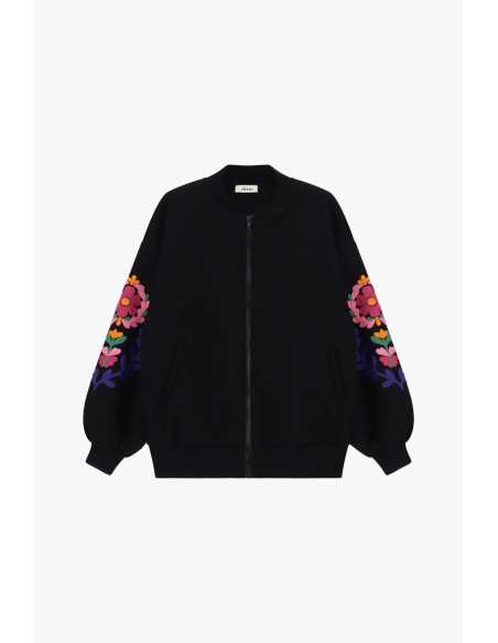 Bomberblazer met geborduurde bloemenmouwen Dixie - Zwart