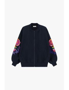 Bomberblazer met geborduurde bloemenmouwen Dixie - Blauw