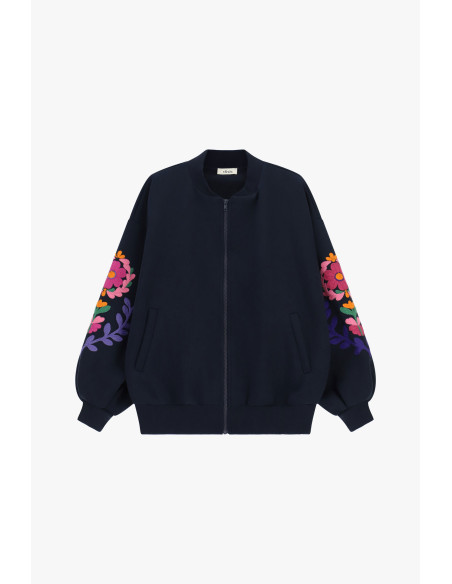 Blazer bomber coupe ajustée à manches brodées de fleurs Dixie - Bleu