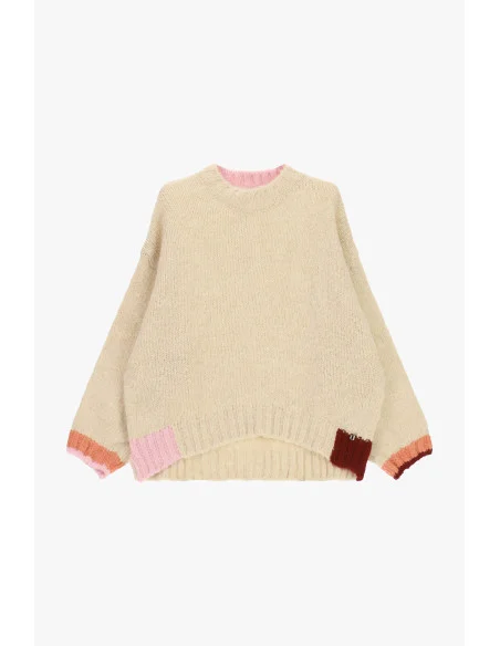 Pull ample à col rond avec détails contrastants Dixie - Écru blanc