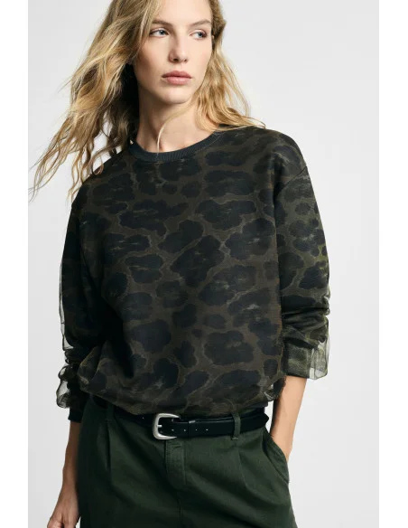 Sweat-shirt à imprimé animalier, col rond et manches longues Please
