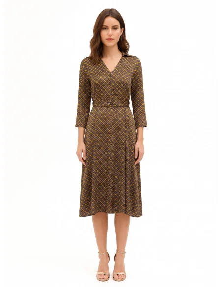 Robe-chemise midi en satin avec col en V et ceinture rigide assortie Rinascimento