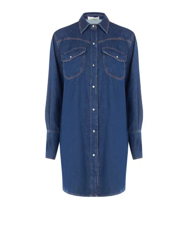 Robe-chemise courte oversize en denim avec poches poitrine et boutons-pression Rinascimento