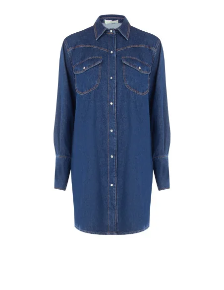 Korte oversized denimblousejurk met zakjes en drukknopen Rinascimento