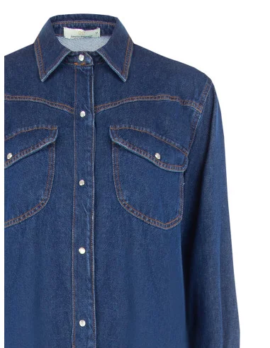 Robe-chemise courte oversize en denim avec poches poitrine et boutons-pression Rinascimento