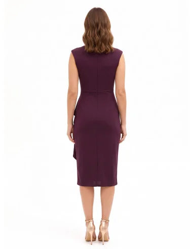 Robe midi en lycra à décolleté cache-cœur en V, détail bijou et long volant Rinascimento