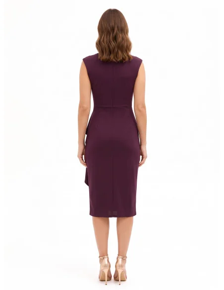 Midi-jurk van lycra met gekruiste V-hals, sieradendetail en lange volant Rinascimento