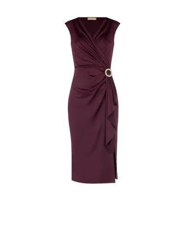 Robe midi en lycra à décolleté cache-cœur en V, détail bijou et long volant Rinascimento